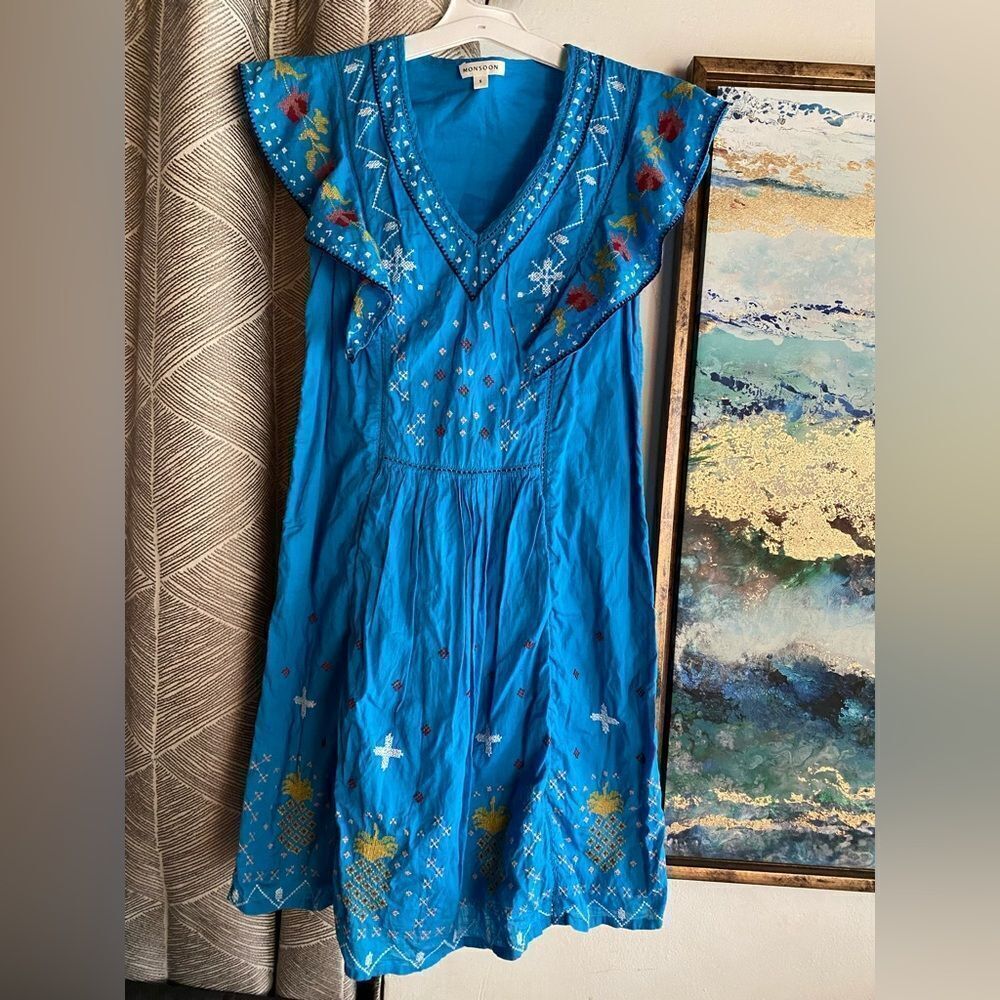 Monsoon Prue Embroidered Mini Dress Blue Lined 100% Cotton Ruffle Sz Small - Picture 7 of 15